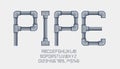 Pipe font cartoon style, metal pipe alphabet isolated on white.